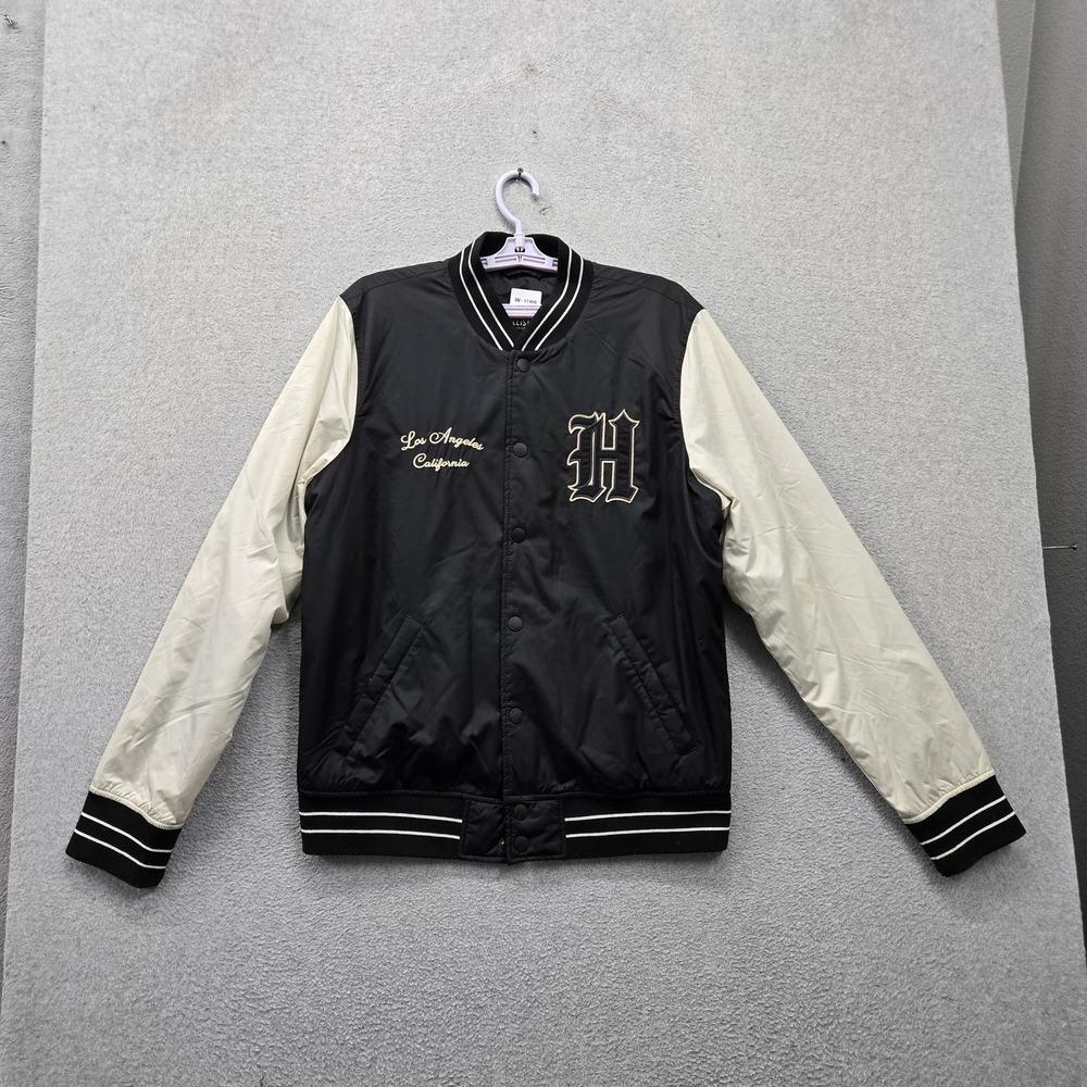 Hollister Men Jacket L Black Varsity Los Angeles Panther Logo Embroidered Snap